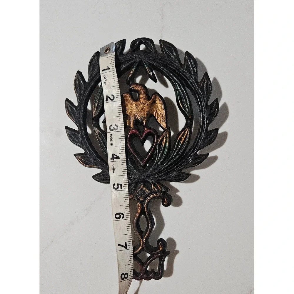 Vintage Cast Iron Trivet Eagle Heart Laurel Wreath Black Gold Red